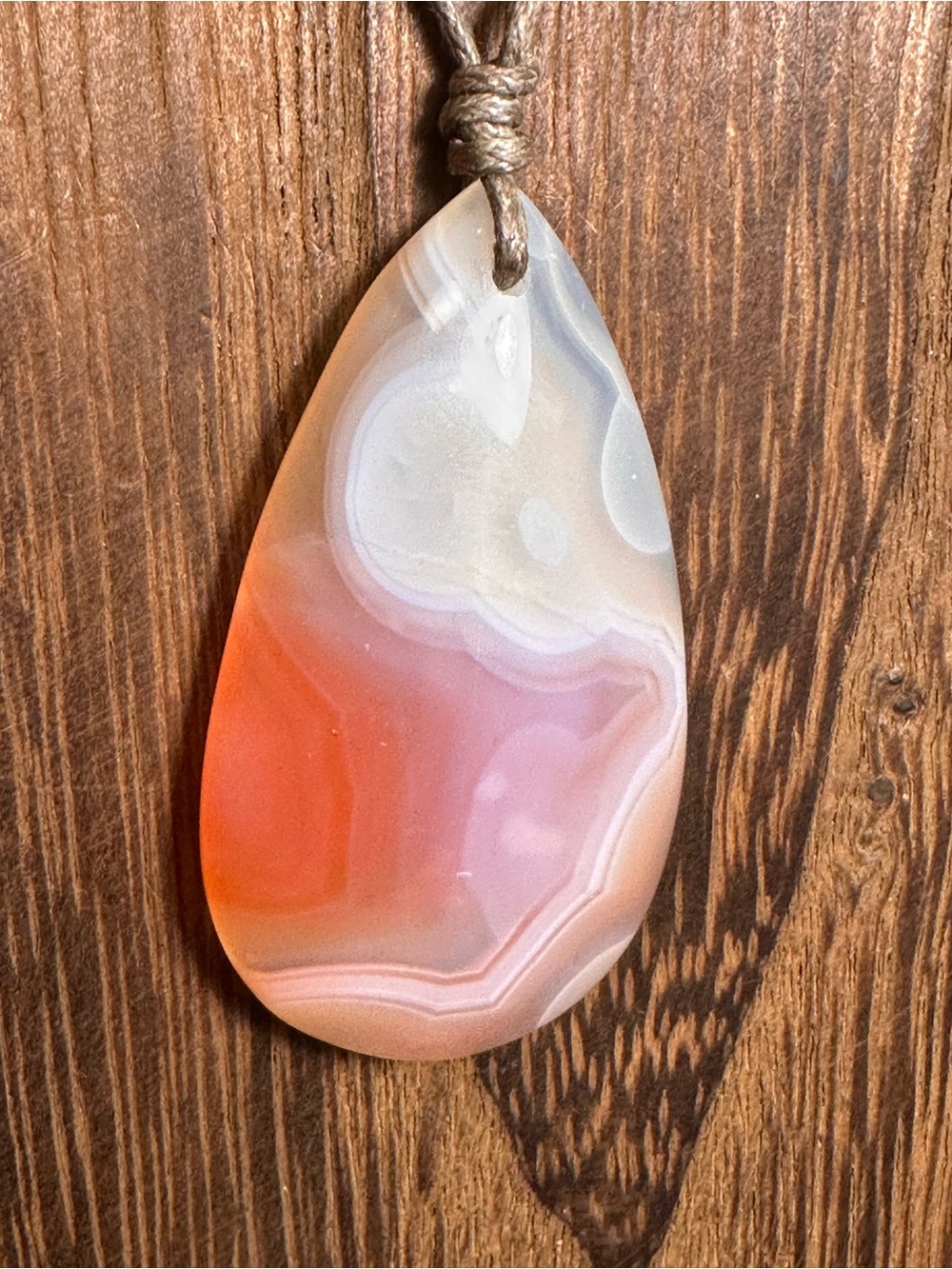 Coral Agate Teardrop Pendant Necklace on Thin Simple Tan Rope - Picture 12 of 14